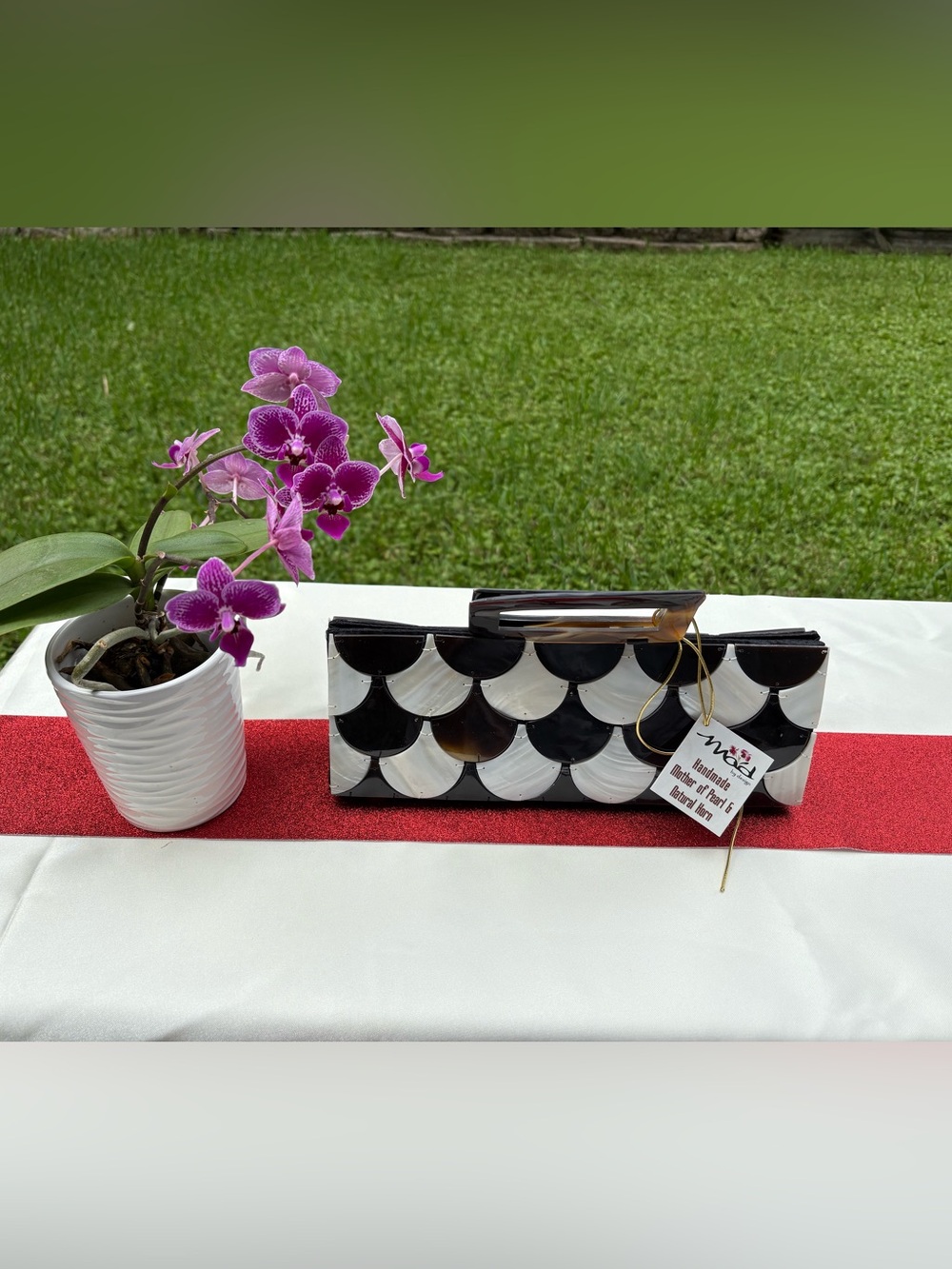 Handmade MOP Clutch, horn handle Black & White shells. Mad by design. NWT